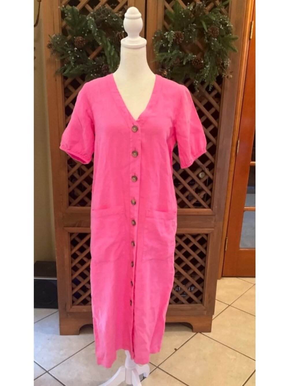 New Lou & Grey Pink Linen Button-Front Midi Dress With Pockets Size Large